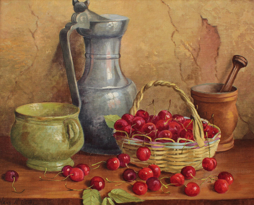 Appraisal: LIEBL Hans American - Still Life with Cherries and Vessels