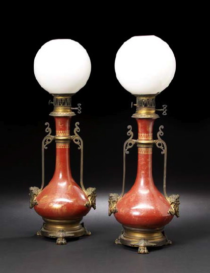 Appraisal: Good Pair of Napoleon III Gilt-Bronze-Mounted Enameled Copper Carcel Lamps