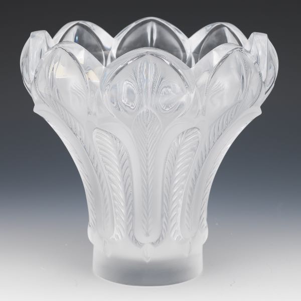 Appraisal: LALIQUE ESNA PEACOCK FEATHER VASE x Lalique crystal ESNA vase