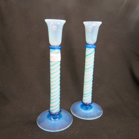 Appraisal: Pair of Opalescent Art Glass Candlesticks blue threading trim similar