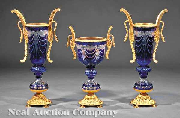 Appraisal: An Art Nouveau-Style Gilt Bronze-Mounted and Cobalt Glass Garniture Suite