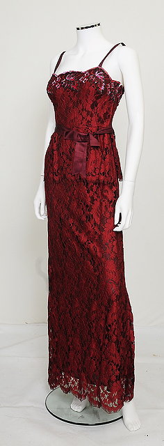 Appraisal: A long dark red Frank Usher floral lace evening dress