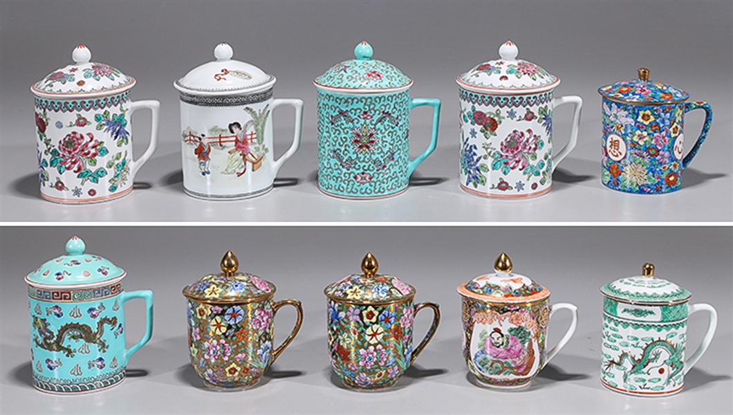 Appraisal: Group of ten Chinese porcelain covered mugs of various designs