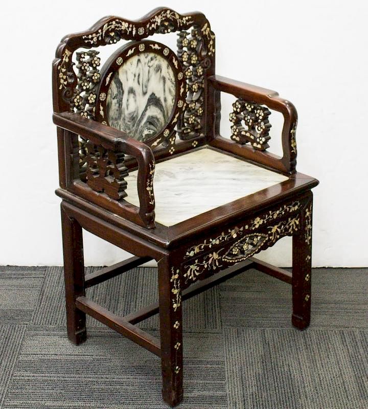 Appraisal: Chinese Hardwood Chair w Mother of Pearl Marble Antique Chinese