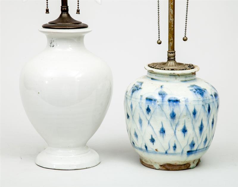 Appraisal: Modern Chinese Ivory-Glazed Pottery Lamp and a Turkish Blue and