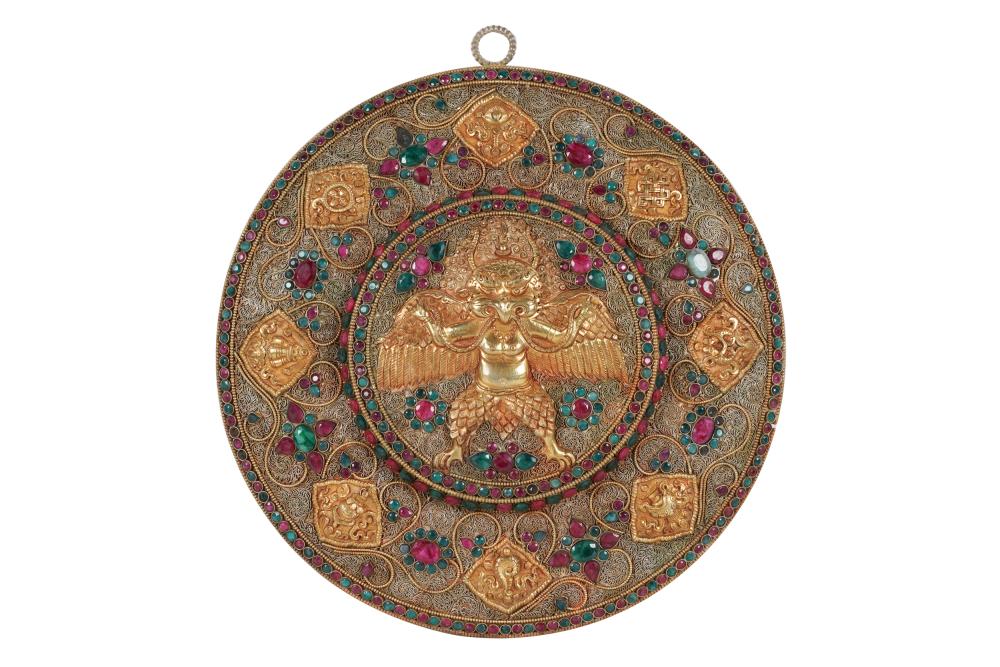 Appraisal: STONE-INSET WALL PLAQUEdecorated with filigree style metalwork and multi-colored stones