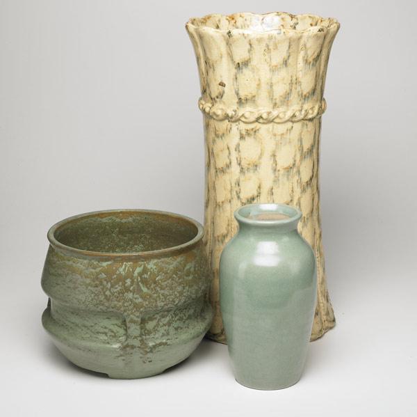 Appraisal: PISGAH FOREST Cylindrical vase together with yellow spongewear umbrella stand