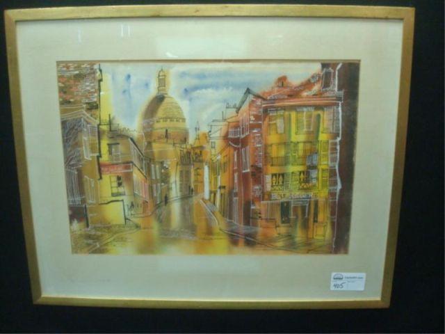 Appraisal: French Watercolor of Town Scene Possibly signed L Chaucesse From