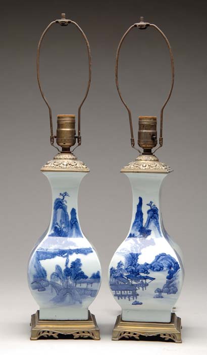 Appraisal: PAIR OF ORIENTAL VASE TABLE LAMPS Blue and white four