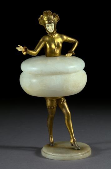 Appraisal: Amusing French Art Deco Gilt-Spelter and Faux-Ivory-Mounted White Alabaster Powder