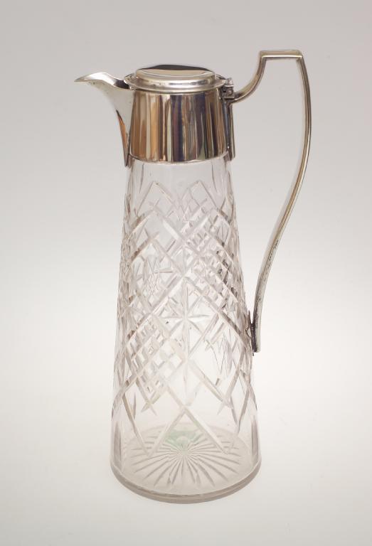 Appraisal: CUT-GLASS AND SILVER-PLATE CLARET JUG EARLY th CENTURY James Dixon