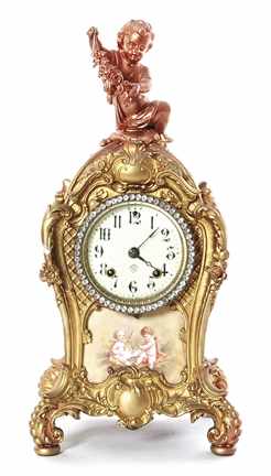 Appraisal: Ansonia brass and porcelain mantel clock late th century cast