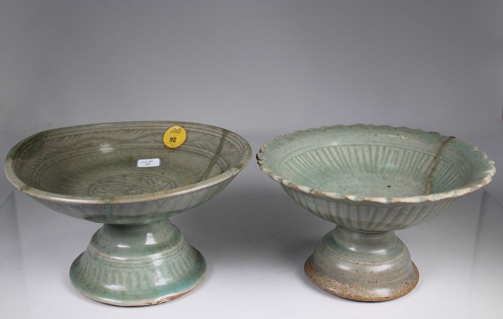 Appraisal: Yuan Dynasty Longquan Celadon Compotes Yuan Dynasty Longquan Glazed Celadon