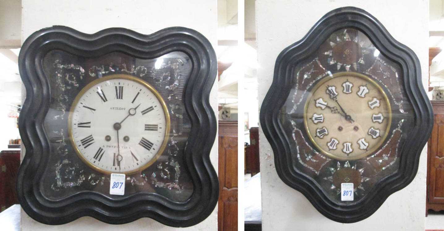 Appraisal: TWO MOTHER OF PEARL INLAID WALL CLOCKS French th century