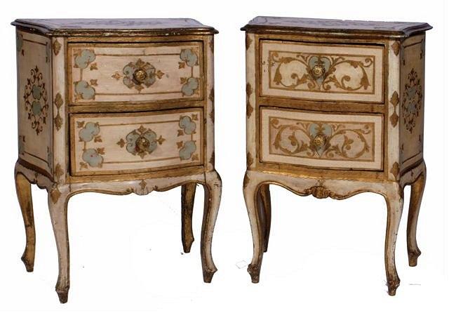 Appraisal: A PAIR OF ITALIAN PAINTED AND GILDED SERPENTINE PETITE COMMODES