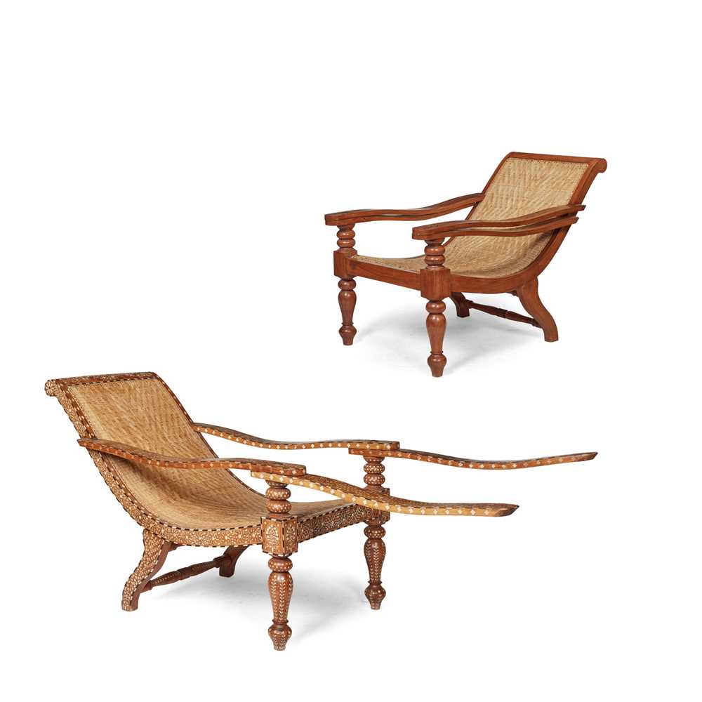 Appraisal: INDIAN TEAK BONE AND EBONY INLAID CANED PLANTER'S CHAIR EARLY