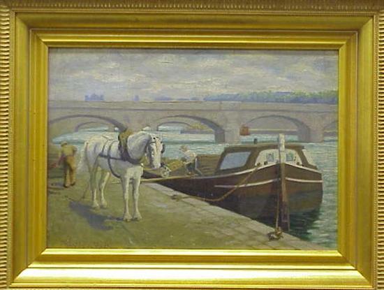 Appraisal: Oil on canvas board depicting a carthorse alongside boat in