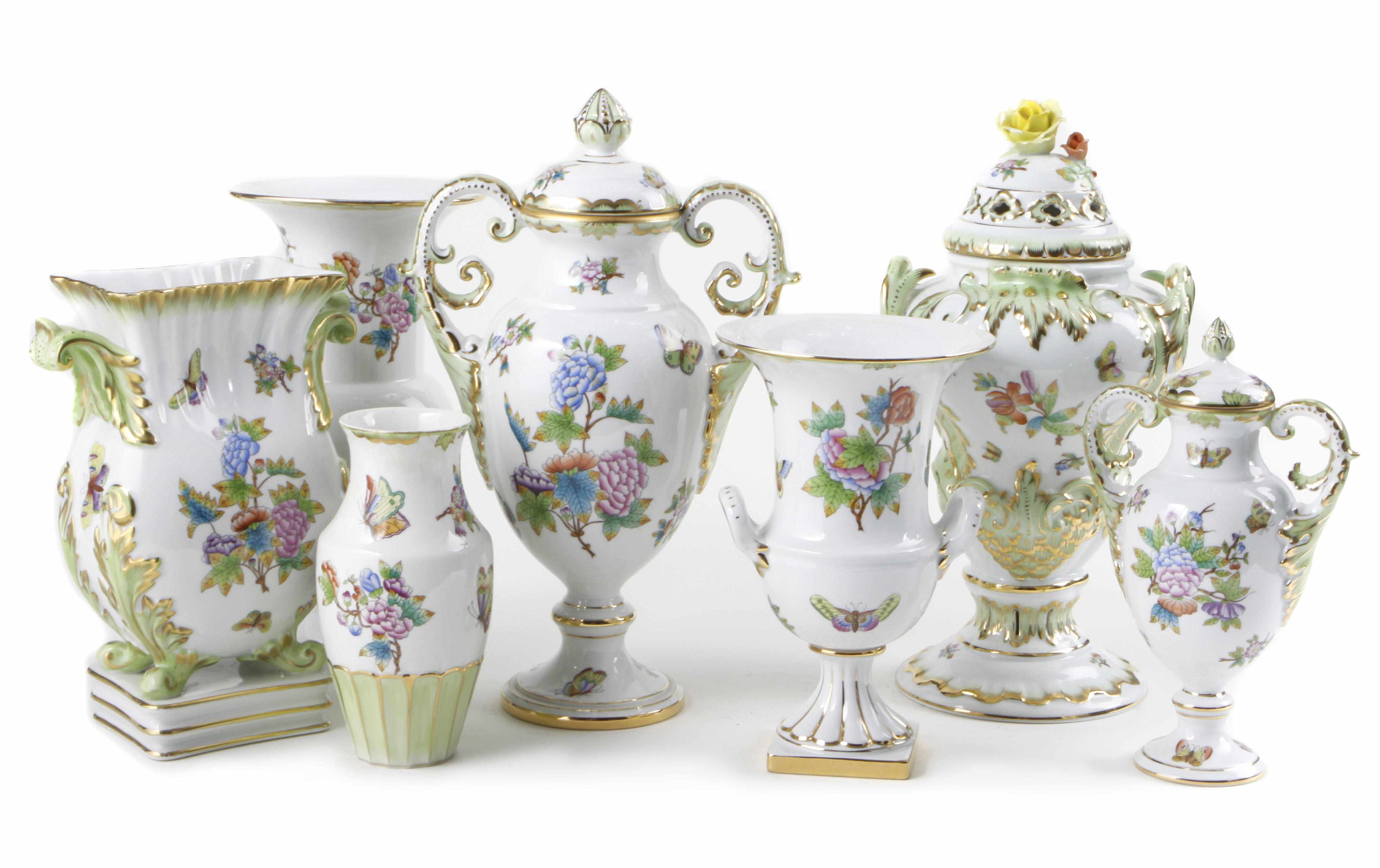 Appraisal: A group of seven Herend porcelain vessels in the Queen