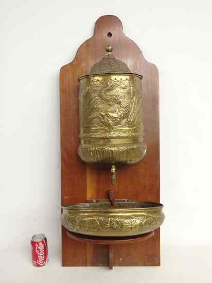 Appraisal: Early brass lavabo on board '' Ht