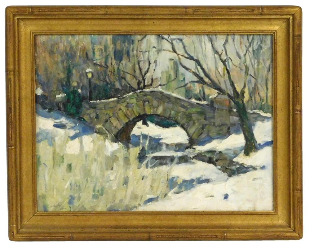 Appraisal: Oil on board Impressionistic snow scene of Central Park depicting