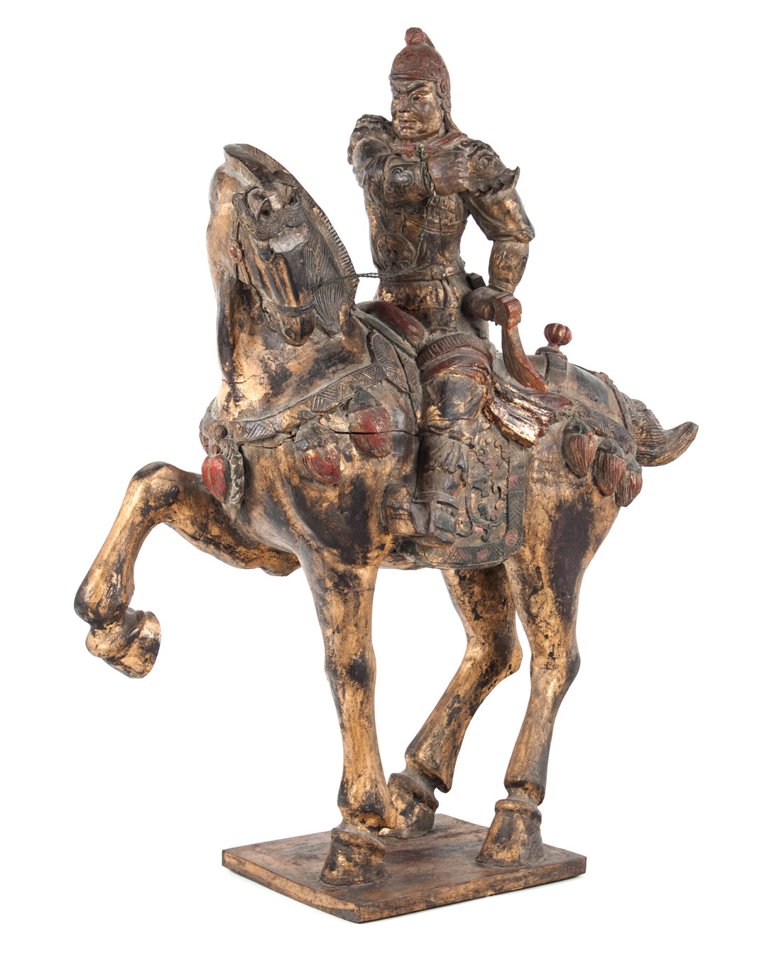 Appraisal: Chinese carved wood mounted warrior with parcel-gilt and paint highlights