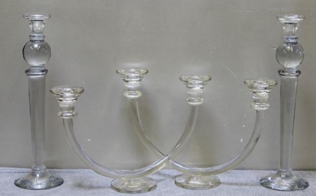 Appraisal: Glass Deco Style Candelabra Set Includes two arm curved candelabra