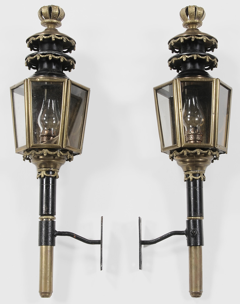 Appraisal: Pair Brass and Iron Coach Lanterns early th century tapered