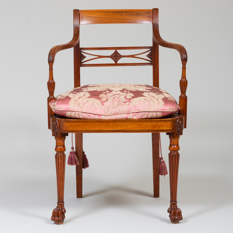 Appraisal: Federal Carved Satinwood and Caned Armchair Possibly English x x