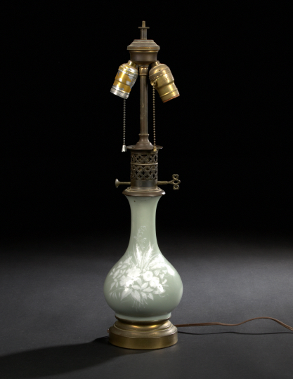 Appraisal: Napoleon III Gilded Brass-Mounted Celadon Pate-sur-Pate Porcelain Carcel Lamp third