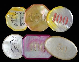 Appraisal: Six Miscellaneous Engraved Mother of Pearl Gambling Chips Including four