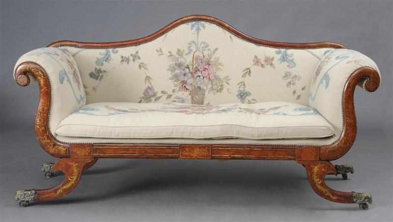 Appraisal: LATE REGENCY RED CHINOISERIE-DECORATED SETTEE With hand-painted fabric upholstery with