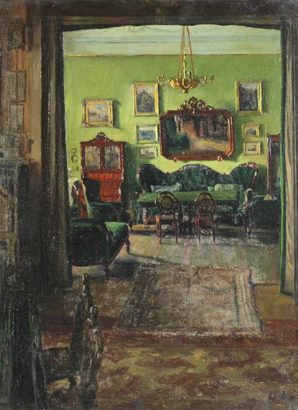 Appraisal: HOPFER TH CENTURY PAINTED INTERIOR Oil on board x in