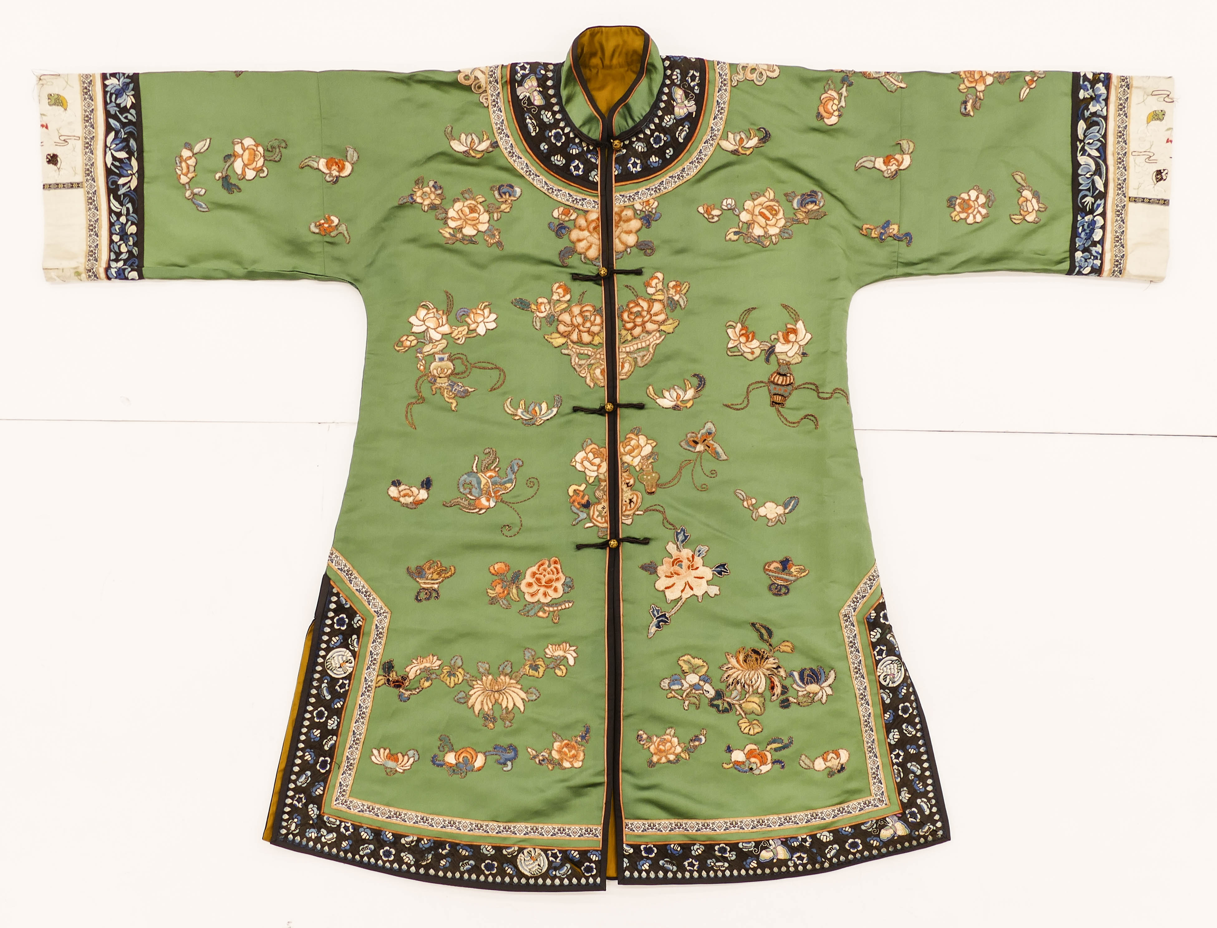 Appraisal: Chinese Qing Green Silk Embroidered Robe ''x '' Green ground