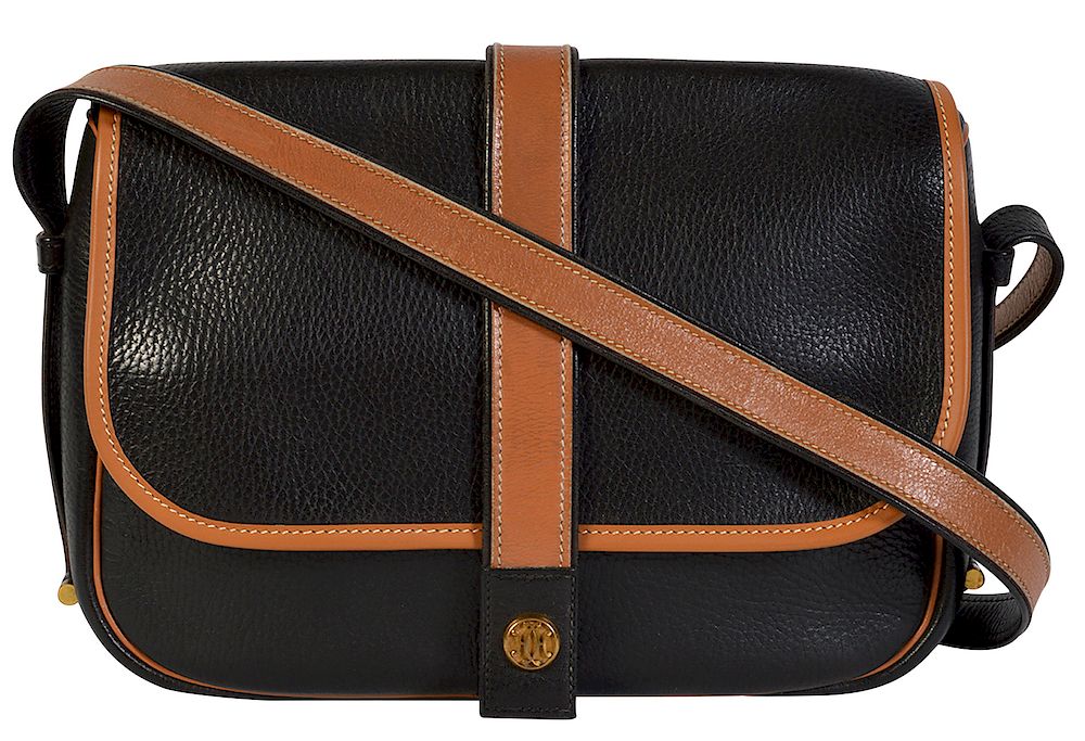 Appraisal: Hermes Black Leather Flap Shoulder Bag Hermes black leather flap