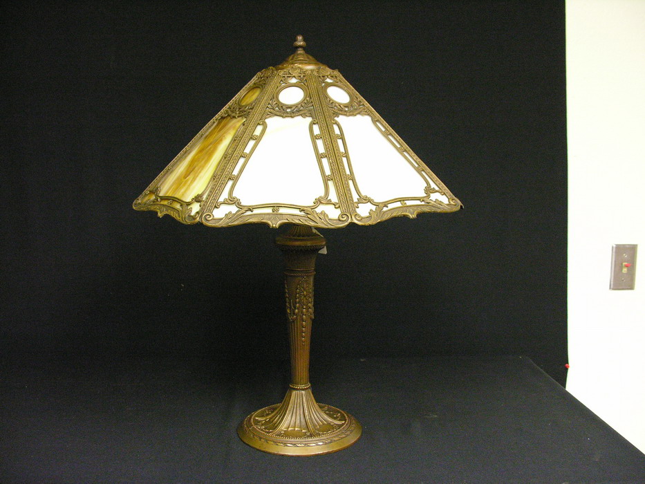 Appraisal: M L CO SLAG GLASS LAMP Base marked M L