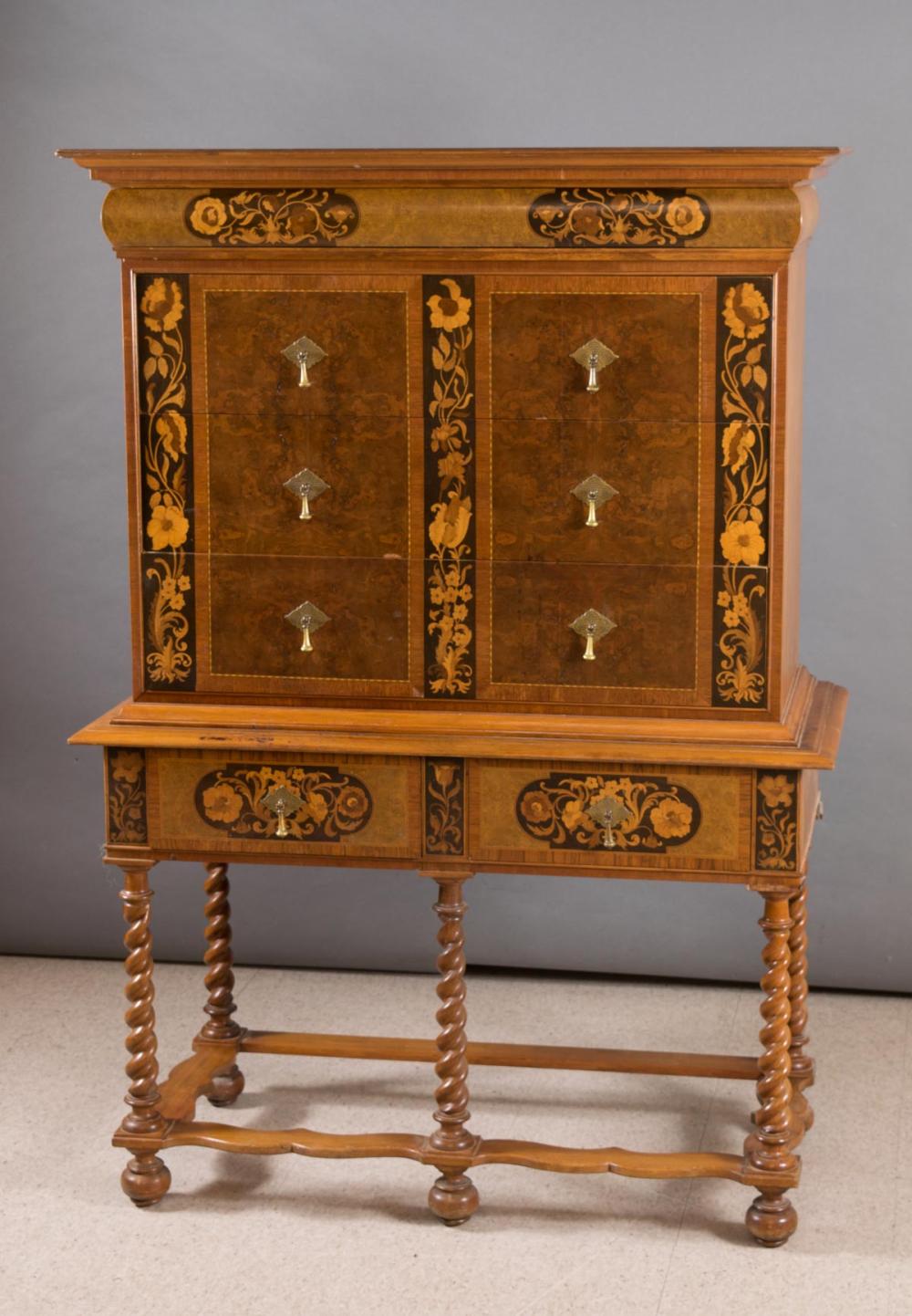 Appraisal: INLAID WILLIAM MARY STYLE CHEST ON STAND The Empire Mfg