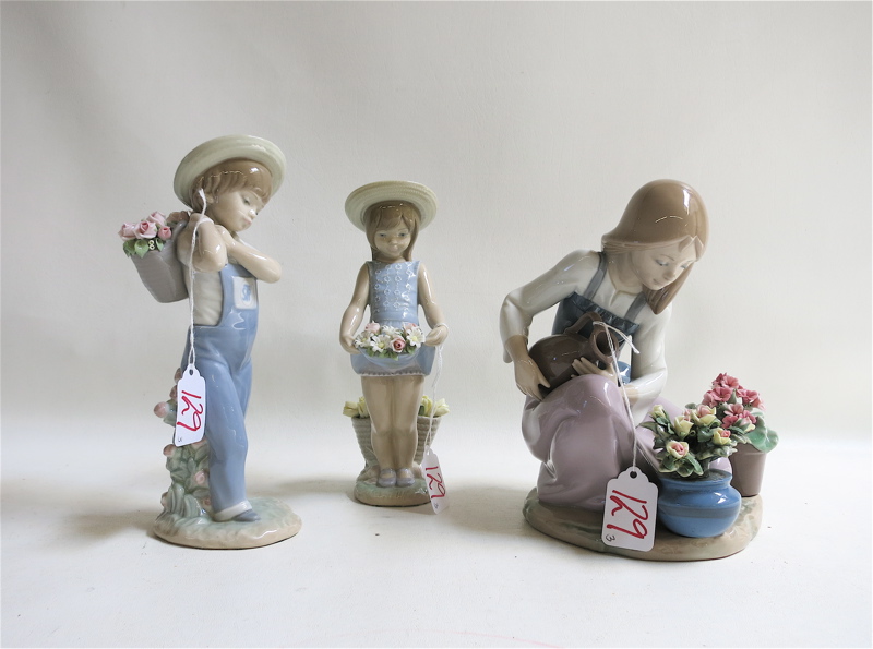 Appraisal: THREE LLADRO PORCELAIN FIGURINES Watering the Flower Pots sculptor Juan