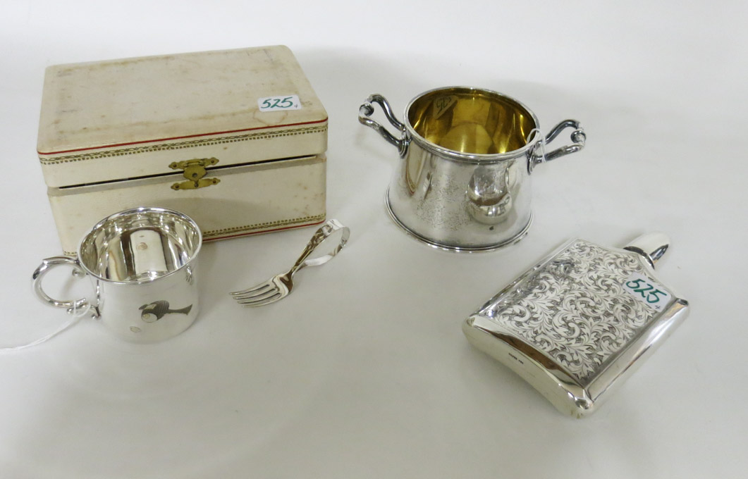 Appraisal: FOUR ARTICLES OF SILVER flask Japanese sterling parcel gilt bowl