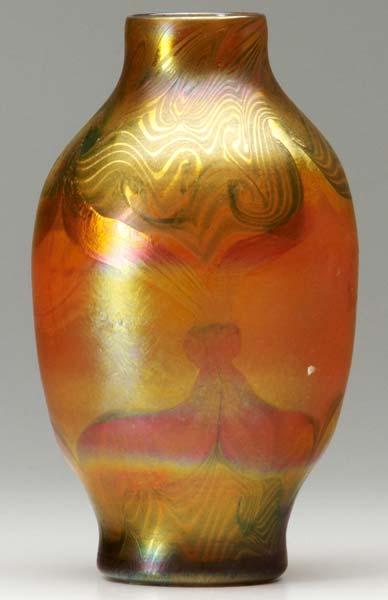 Appraisal: L C TIFFANY Early decorated orange glass vase with green