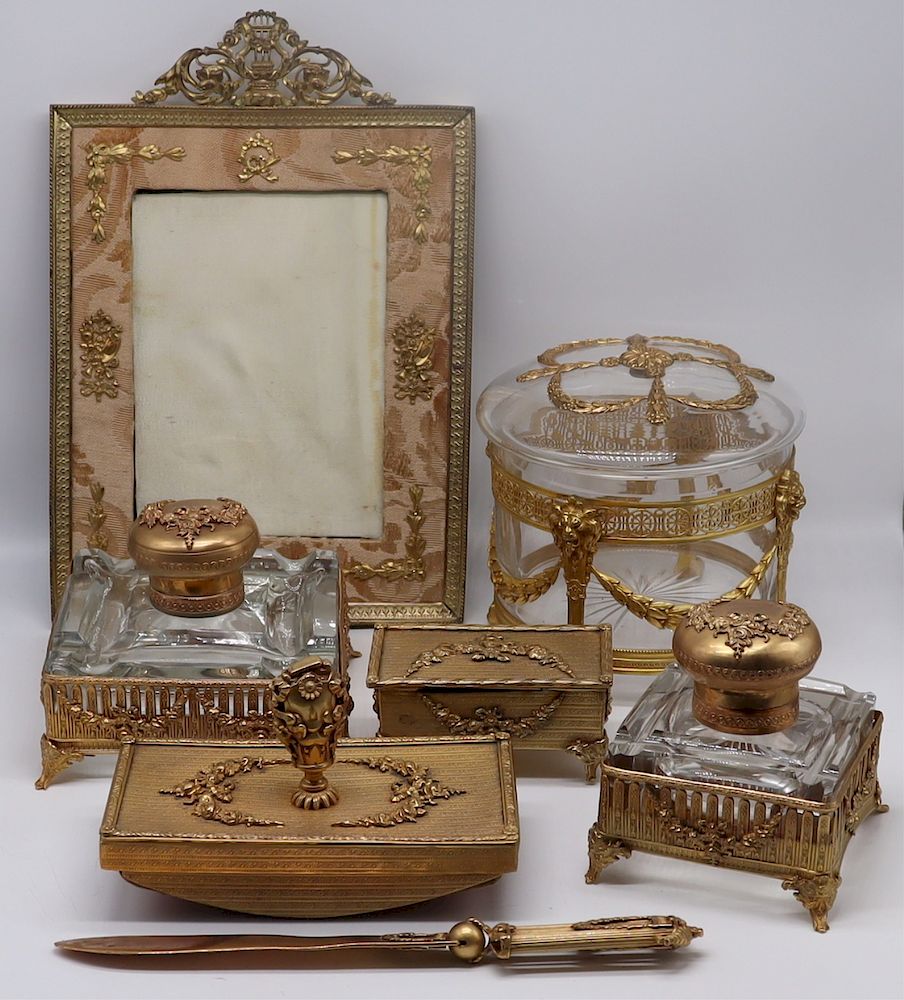 Appraisal: Pc French Gilt Desk Set and Frame Includes a French