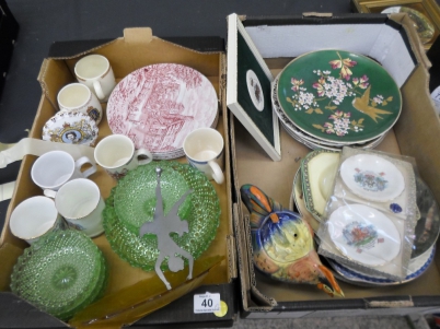 Appraisal: Two Trays comprising Commemorative Mugs Green Pressed Glassware Woods Plates