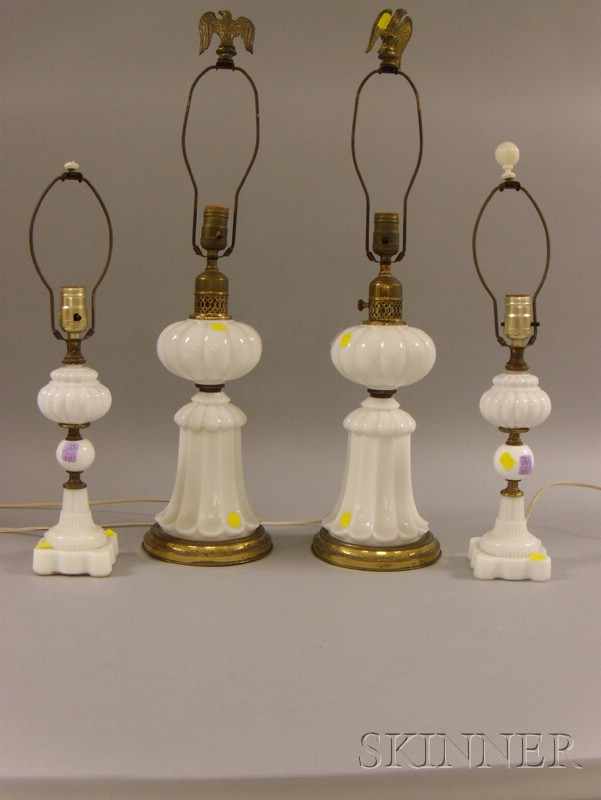 Appraisal: Two Pairs of Opaque White Pressed Glass Oil Lamps electrified