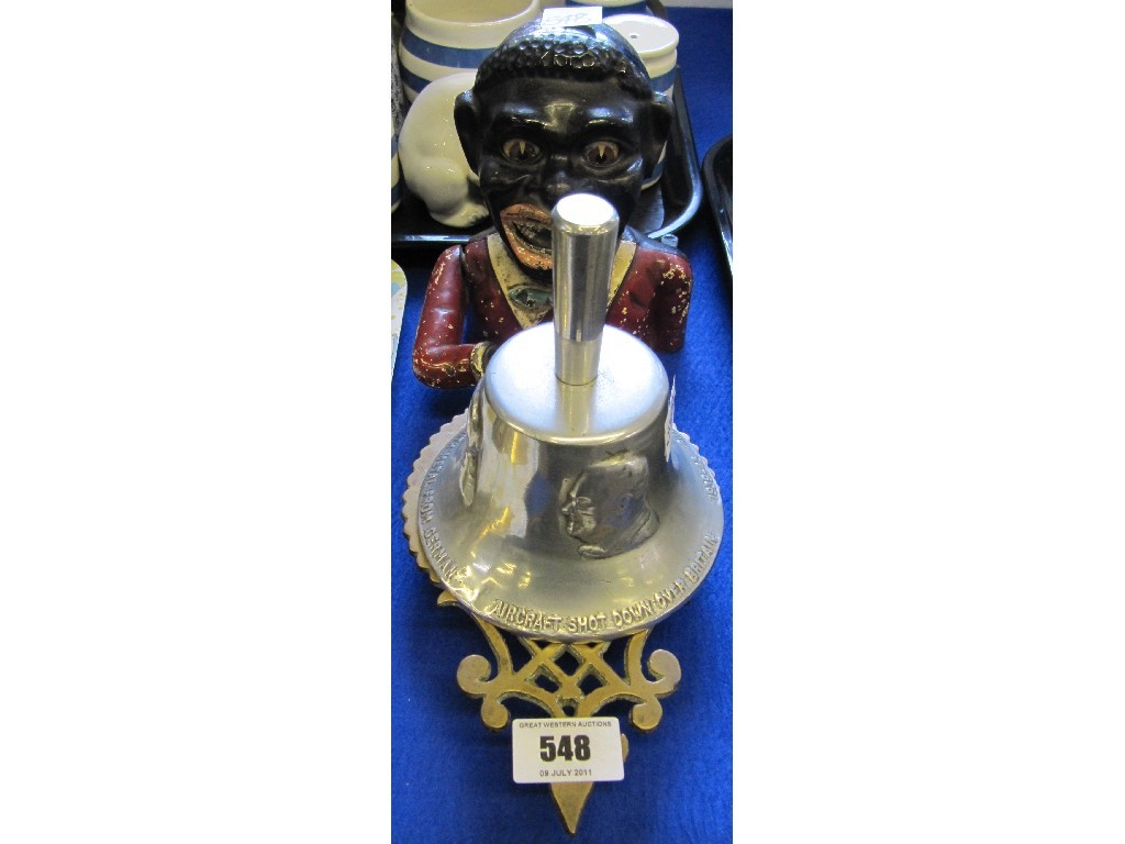 Appraisal: Brass trivet figural money box and commemorative metal bell made