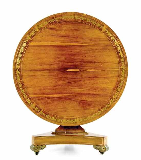 Appraisal: Regency brass-inlaid rosewood center table circa circular top with scrolling