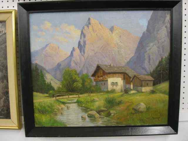 Appraisal: Hans Becker oil German farm house withcreek well listed artist