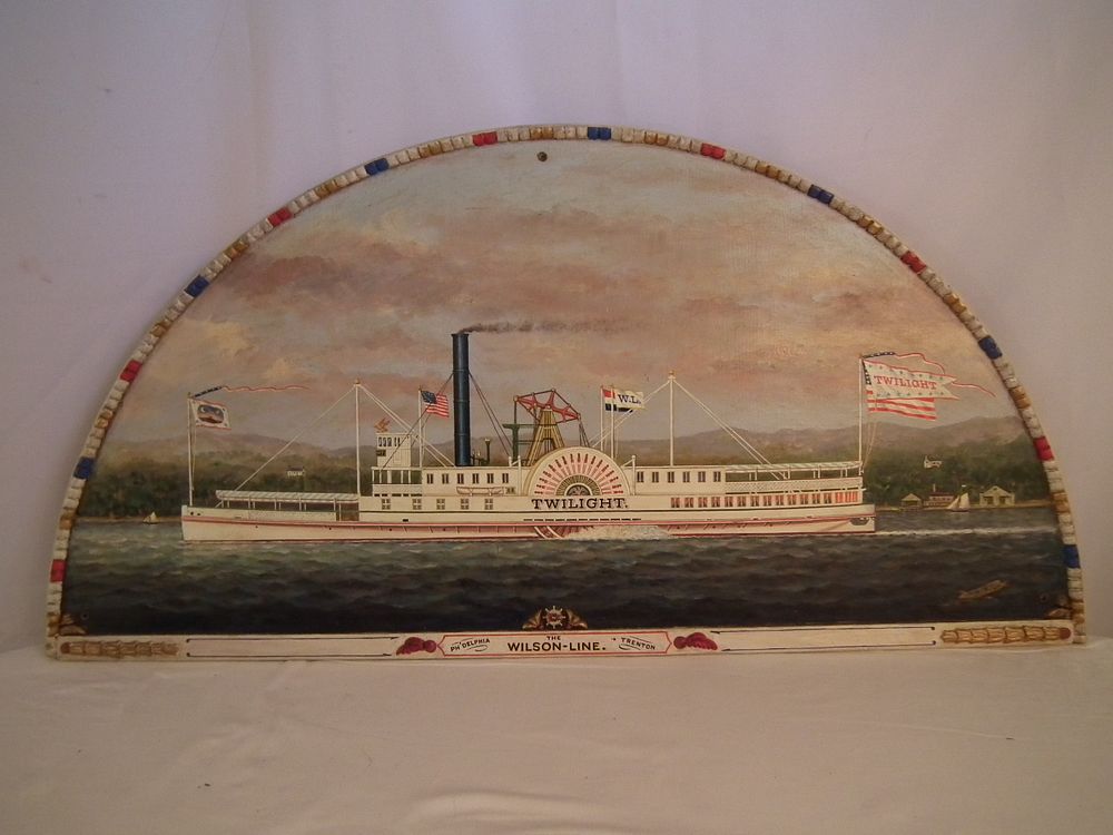 Appraisal: SIDE PADDLE STEAMSHIP PLAQUE Old oil on wood demi-lune shaped