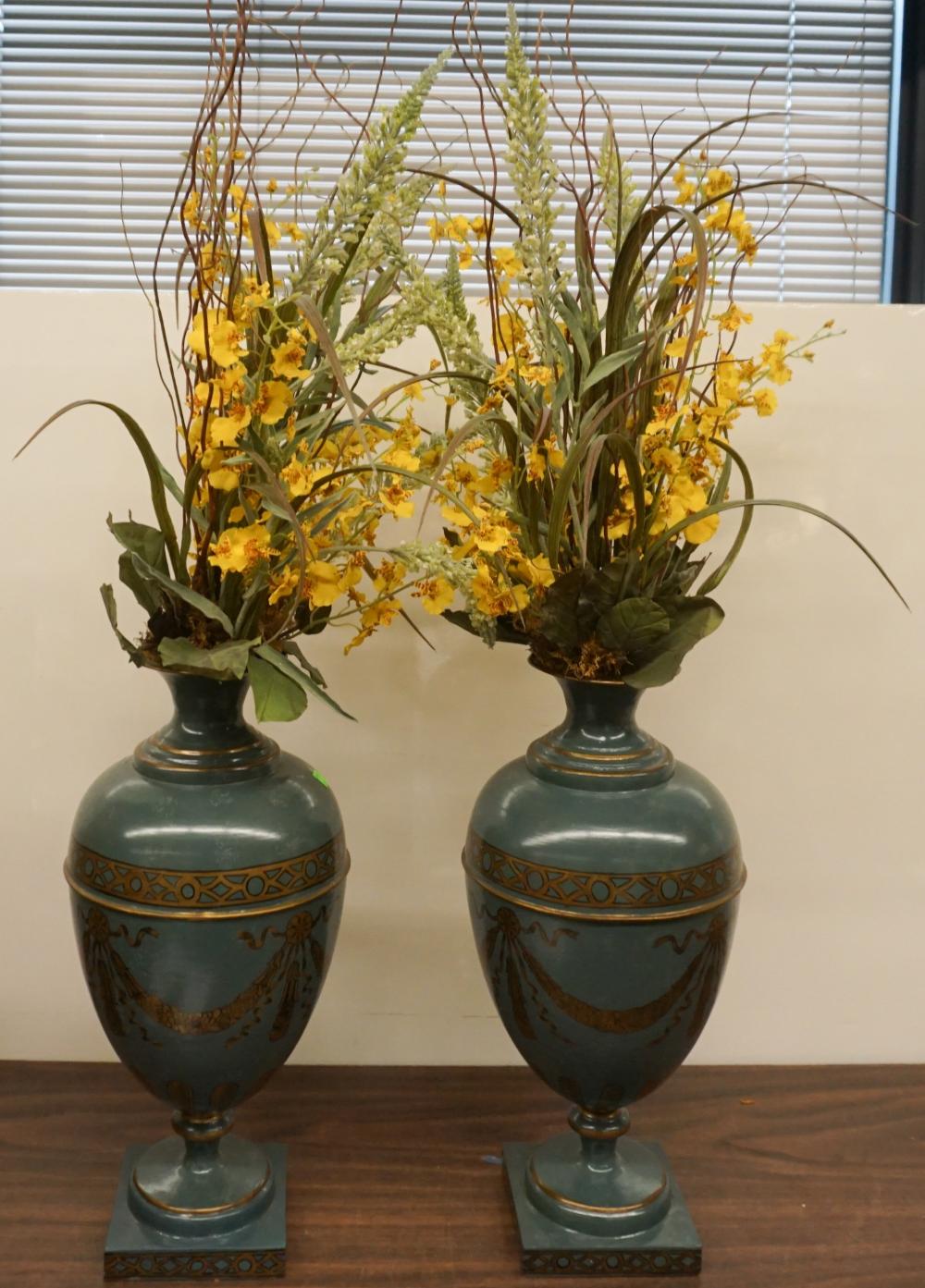 Appraisal: Pair Interior Concepts Painted Metal Vases with Artificial Plants H