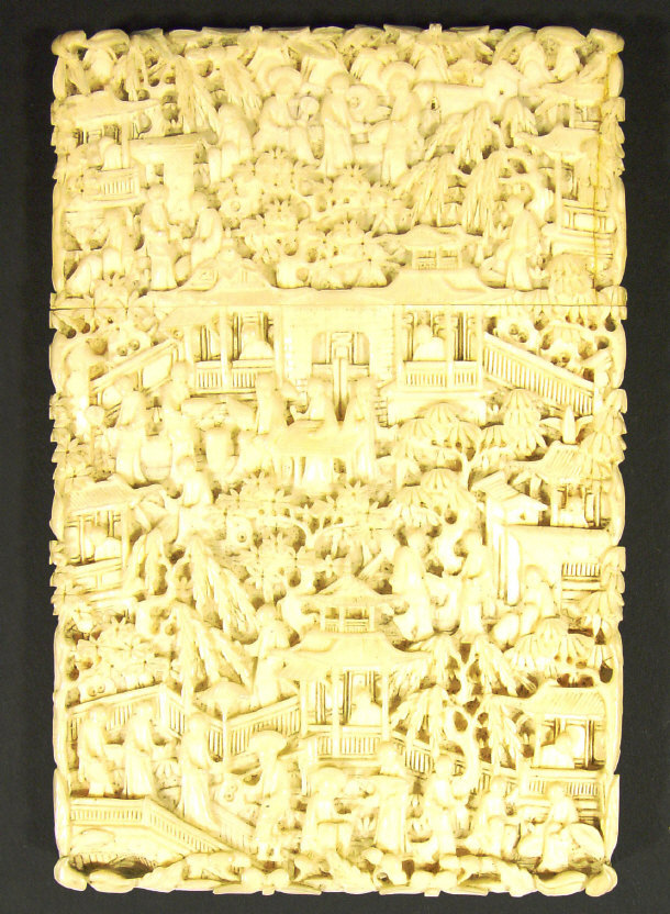 Appraisal: Oriental rectangular ivory card case profusely carved with figures and