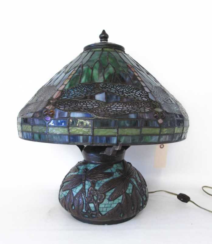 Appraisal: LEAD GLASS DRAGONFLY TABLE LAMP domed shade stained and leaded