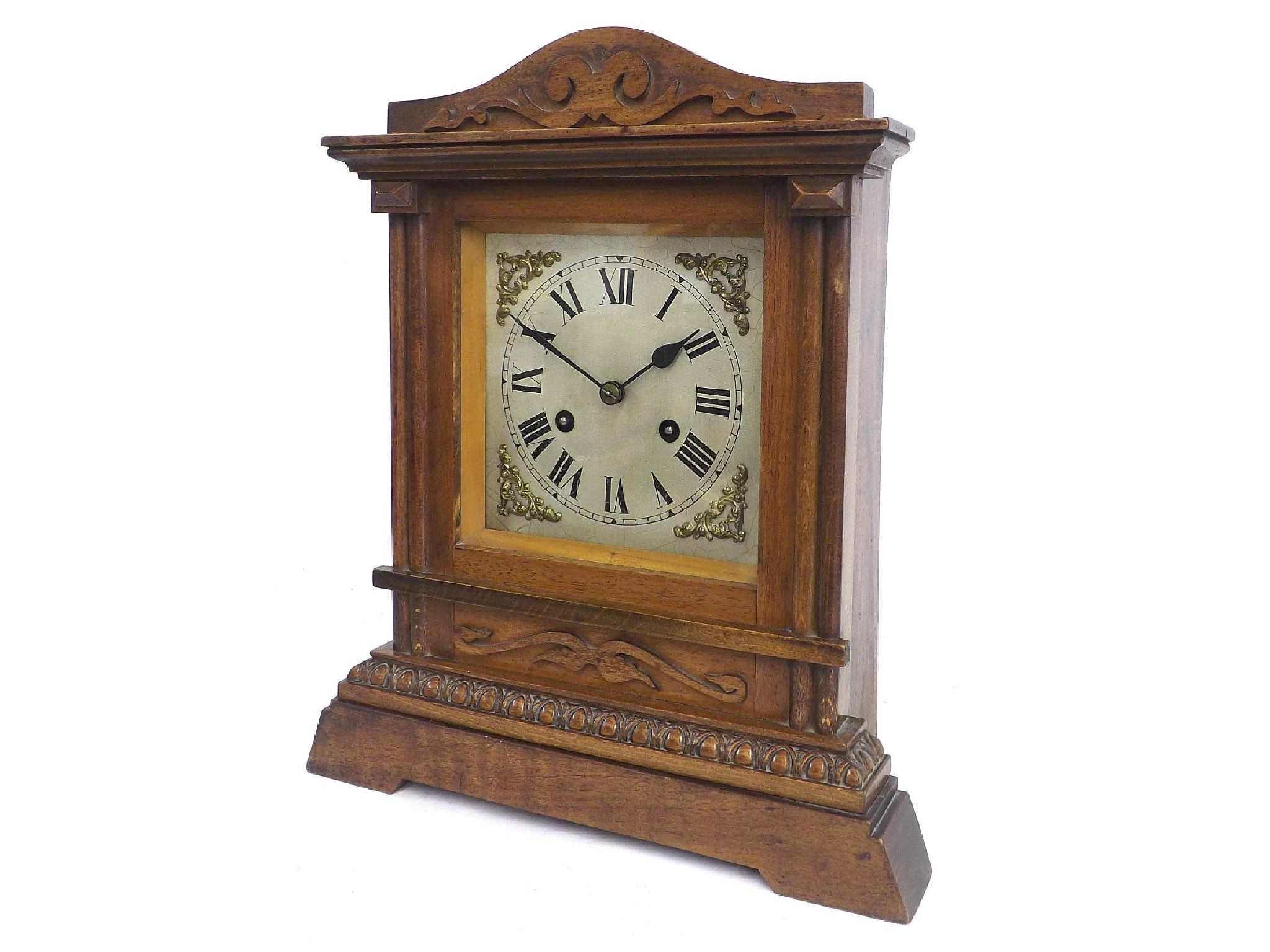 Appraisal: Walnut two train mantel clock in an architectural case high